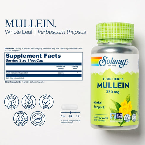 SOLARAY Mullein Leaf 330 mg, Vegan, Non-GMO, 100 Servings, 60-Day Guarantee