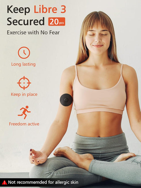 20 Packs Freestyle Libre 3 Covers, Adhesive Patches for Glucose Sensor, Pre-Cut Back Paper, Long Lasting for 10-14 Days