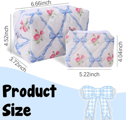LYDZTION 2Pcs Cute Makeup Bag, Quilted Bow Makeup Bag for Women, Coquette Cotton Storage Bag for Lipstick Brushes