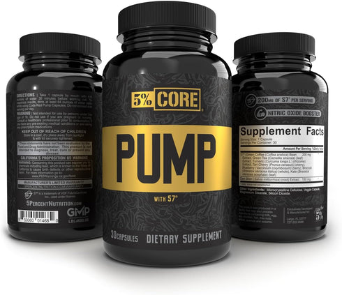 5% Nutrition Core Pump Caps | NO2 Nitric Oxide Booster Supplement Pills - All Natural Ultra Low Stim Preworkout (30