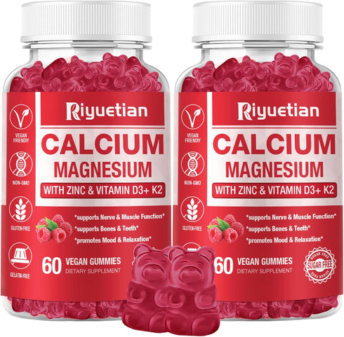 2 Pack Calcium Magnesium Zinc Gummies with Vitamin D3 Supplement, High Absorption for Bone & Immune Health (120 Count)