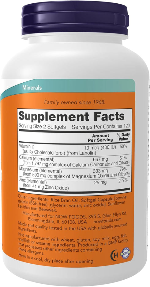 NOW Supplements Calcium & Magnesium with Vitamin D-3 and Zinc, 120 Softgels for Bone Health*