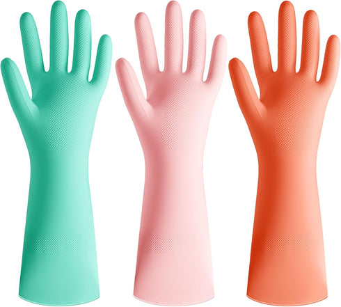 Rubber Cleaning Dishwashing Kitchen Gloves, 3 Pairs Colorful Reusable Rubber Gloves for Dishwashing