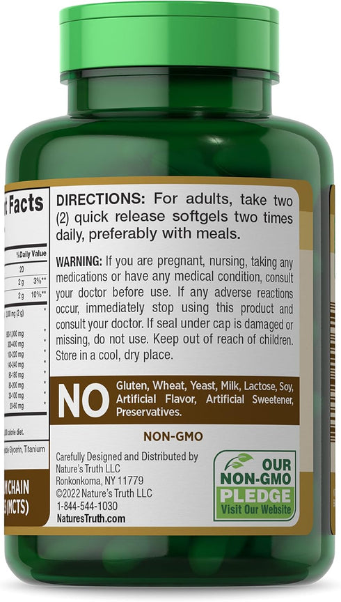 Nature's Truth Coconut Oil Capsules | 100 Softgels | Naturally Occurring MCTs | Non-GMO & Gluten Free