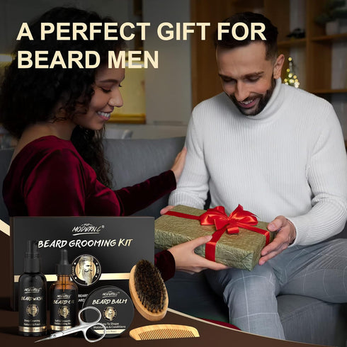 POP MODERN.C Beard Grooming Kit - 6pcs Beard Wash Shampoo, Beard Oil, Beard Balm, Comb, Brush, Scissors, Best Gift for