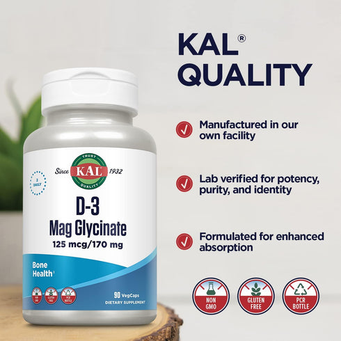 KAL Vitamin D3 & Magnesium Glycinate - Enhanced Absorption Formula with BioPerine for Muscle & Bone Health Support,