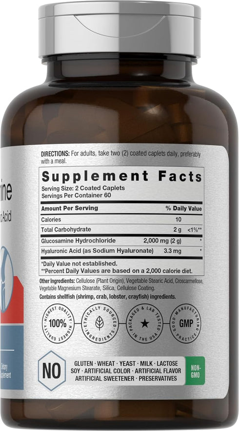 Horbaeach Glucosamine HCL | with Hyaluronic Acid | 2000mg | 120 Coated Caplets | Non-GMO & Gluten Free Supplement