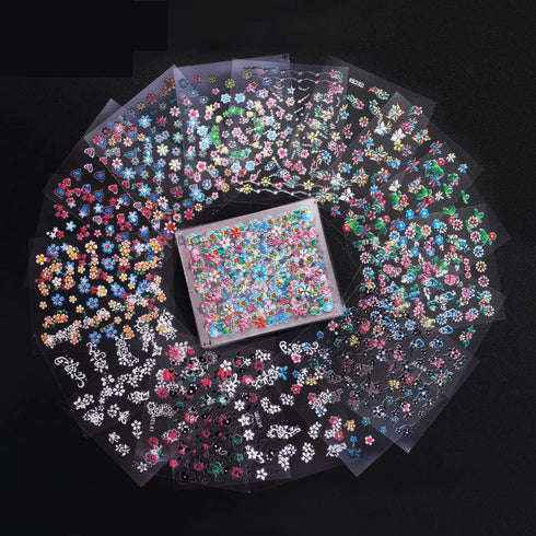 WOKOTO 90Pcs Self-Adhesive 3D Nail Art Sticker - Colorful White Black Flower Fingernail Decals with 1 Pcs Anti-Static