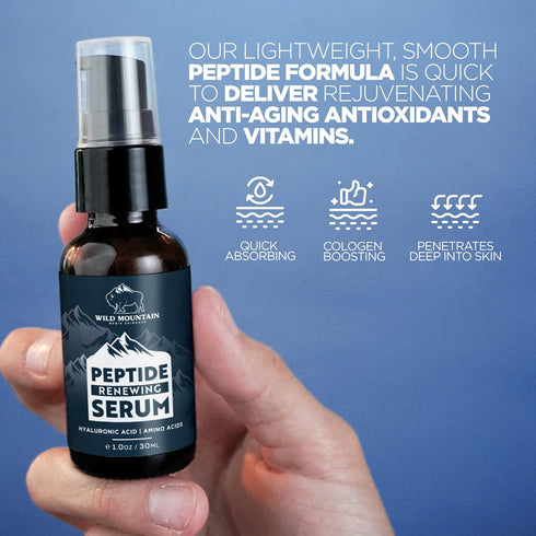 Wild Mountain Peptide Face Serum for Men, Hydrating Hyaluronic Acid & Collagen Boosting Amino Acids, 1 oz