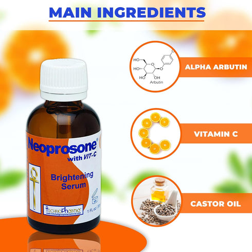 Neoprosone Vitamin C Serum for Face | 1 Fl oz / 30ml | Brightening Serum with Alpha Arbutin and Castor Oil