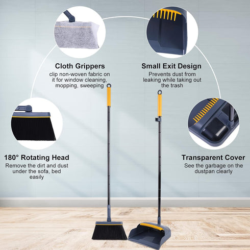 JEHONN Broom and Dustpan Set, 54 Inches Long Handle, Lightweight Indoor Upright Dust Pan with Comb Teeth for Home