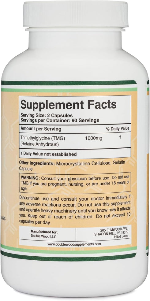 Double Wood Supplements TMG Trimethylglycine 1,000mg | 180 Capsules | Non-GMO, Gluten Free, Genuine TMG