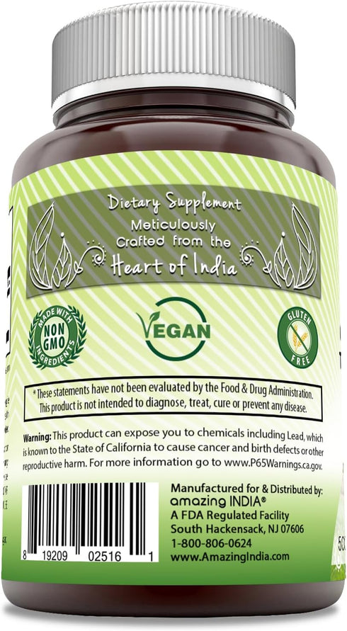 Amazing India Ashwagandha 500 mg Veggie Capsules Supplement, Non-GMO, Gluten Free, 120 Count