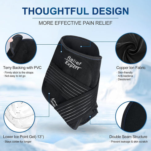 Relief Expert Ankle Ice Pack Wrap for Swelling, Achilles Tendonitis, Plantar Fasciitis, Cold Compression Heel Ice Pack Injuries Reusable Gel Cold Pack for Foot Pain Relief, Copper Ion Fabric Lining