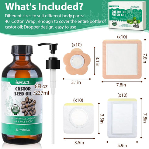 MuseLuxe 40 Bottle(8oz),Cotton Pack Pcs Castor Oil Patches with Castor Oil Organic Cold Pressed Unrefined Glass Caster