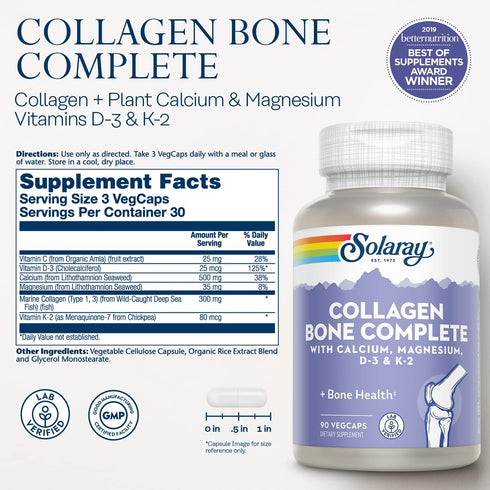 SOLARAY Collagen Bone Complete, Advanced Bone Matrix Formula with Plant Calcium & Magnesium (30 Servings, 90 VegCaps)