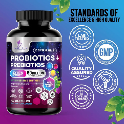 Daily Probiotic and Prebiotic Supplement 60 Billion CFU | 60 Capsules | Digestive Gut & Immune Health Support