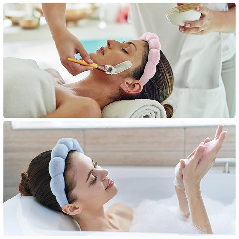 Spa Headbands for Washing Face or Facial, Set of 2 Skincare Headbands, Terry Cloth Headband Face Wash Headband Combo Pack - Puffy Makeup Headbands for Face Washing, Mask, Skin Treatment (Pink & Blue)