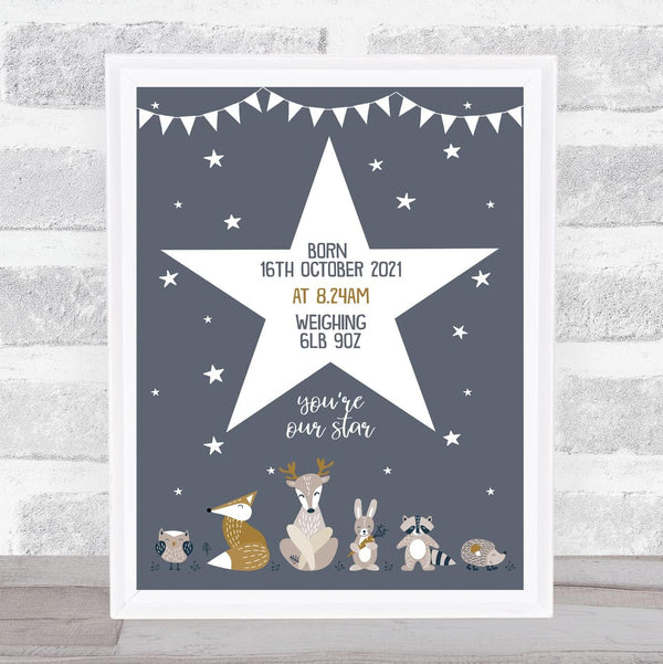 The Card Zoo Birth Details Nursery Christening New Baby Woodland Animals Star Gift Print