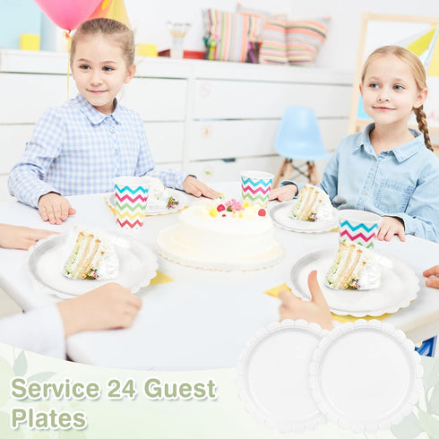 Houuqe 24 9 Inch Pieces White Paper Plates Scalloped Dessert Plates Disposable White Cake Plate for Baby Shower