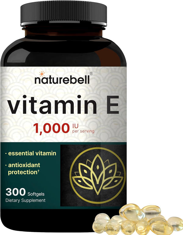 NatureBell Vitamin E Oil Softgels, 1,000 IU Per Serving, 300 Pills | Essential Antioxidant Supplements for Skin, Heart,