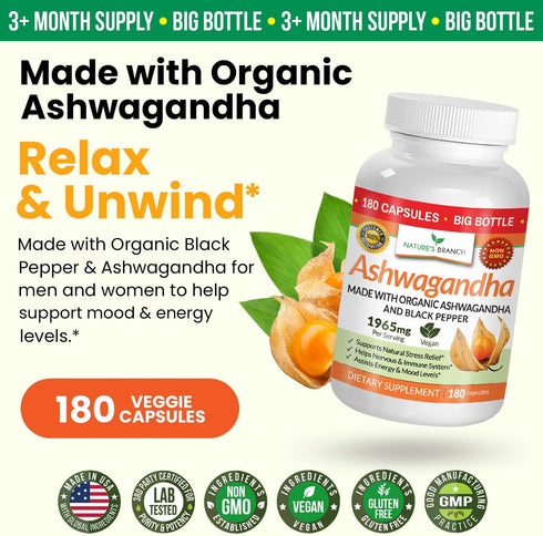 UDAF Certified Organic Ashwagandha with Black Pepper | 180 Capsules, 1965mg Extra Strength for Stress, Sleep, Mood