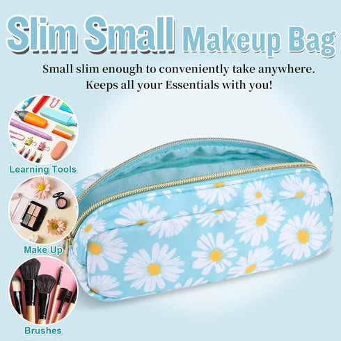 Nylon Small Floral Makeup Bag, Waterproof Slim Pouch for Women, Cute Zipper Pouch for Travel Toiletry and Coin