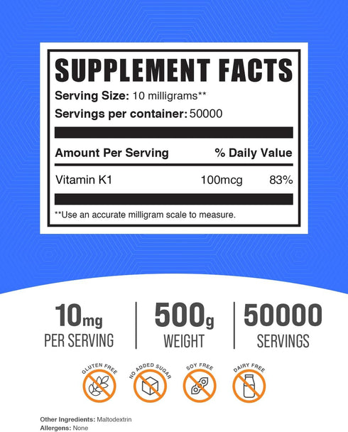 BulkSupplements.com Vitamin K1 (1%) Powder - Vitamin K Supplements for Dogs, 500 Grams