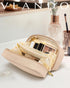 Vlando Small Makeup Pouch, Milk Tea PU Leather Travel Bag with Wide-open Design for Makeup Brushes