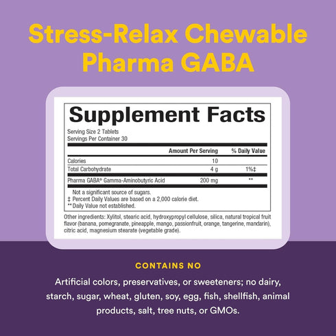 Natural Factors Stress-Relax Chewable Pharma GABA 100 mg, 60 Tablets, Tropical Fruit Flavor
