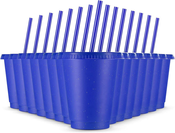 Rtteri 15 Pcs Reusable Kids Cups with Straws and Lids, 16 oz Glitter Tumblers for Parties, Navy Blue