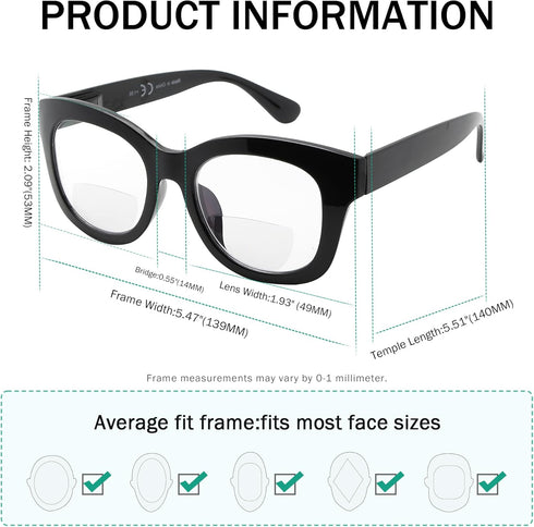 Eyekepper 4-Pack Large Frame Bifocal Reading Glasses for Women, Bifocal Readers +2.50