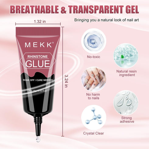 MEKK Rhinestone Glue for Nails, 1Pcs 15g Super Strong Gel for Rhinestones, No Wipe Needed for 3D Nails