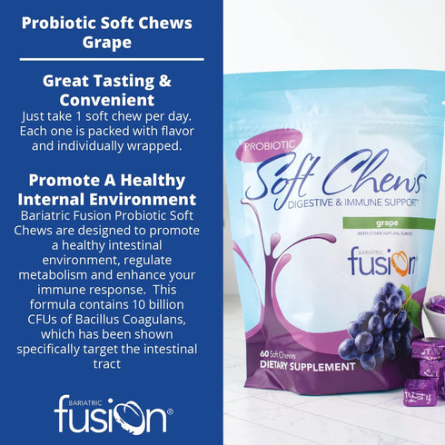 Bariatric Fusion Probiotic Soft Chews | Grape Flavor Chewy Bariatric Vitamin | 60 Count, 10 Billion CFU, Bacillus