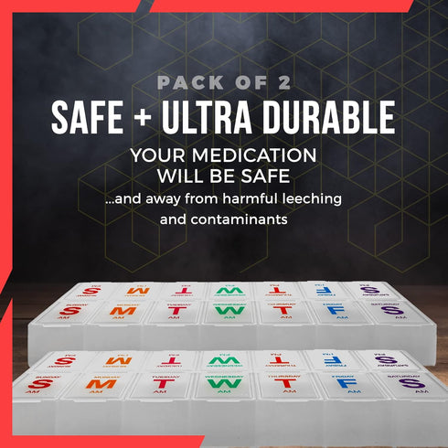 Large Weekly Pill Organizer, 2 Pack AM PM Pill Box for Medication, XL 7 Day Organizer with Braille