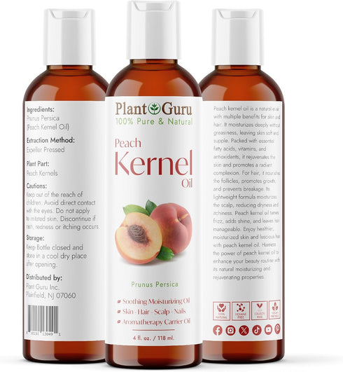 Peach Kernel Oil 4 fl. oz., Cold Pressed 100% Pure & Natural Carrier, Ideal for Skin, Face, Body, and Hair Moisturizer