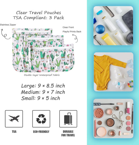 TSA Approved Toiletry Bag Set of 3 Clear Travel Quart Size Zipper Pouches, Waterproof Makeup Bag for Toiletries, Cacti A