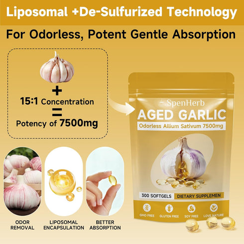 SpenHerb 7500mg Immune 300 Softgels,1 Aged Garlic Extract Softgels, Odorless Allium Sativum Antioxidant Supplement