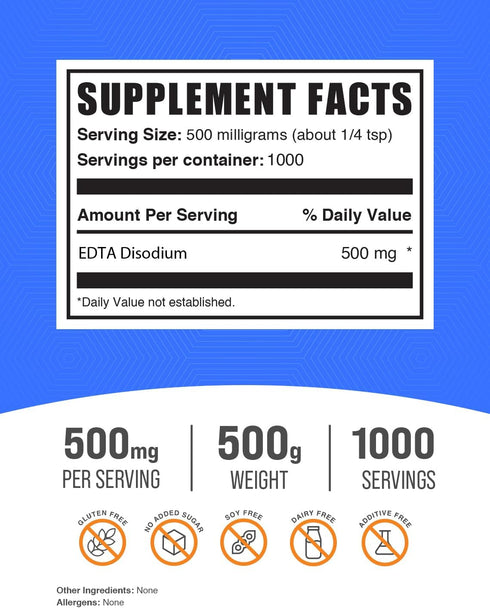 BulkSupplements.com Disodium EDTA Powder - Food Grade, Pure & Gluten Free, 500mg per Serving, 500g
