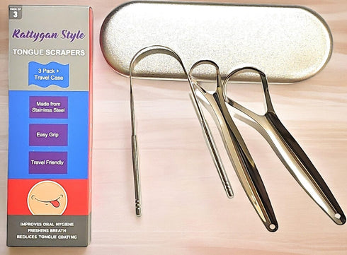 Metal Tongue Scrapers, 3 Piece Set, 304 Stainless Steel with Storage Case - Oral Hygiene Metal Tongue Cleaners (Silver)