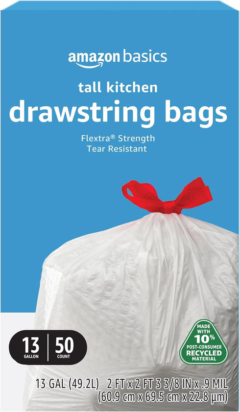 Amazon Basics Flextra Tall Kitchen Drawstring Trash Bags, 13 Gallon, 50 Count, 10% Post Consumer Recycled