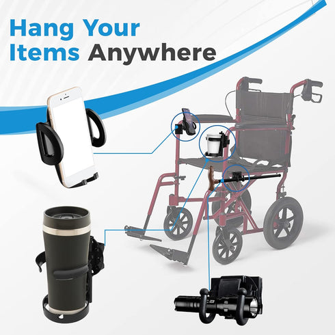 Pack, 2 Mobility Combo Hook, Phone and Cup Holder for Walker, Portable Beverage Holder for Wheelchair and Strollers