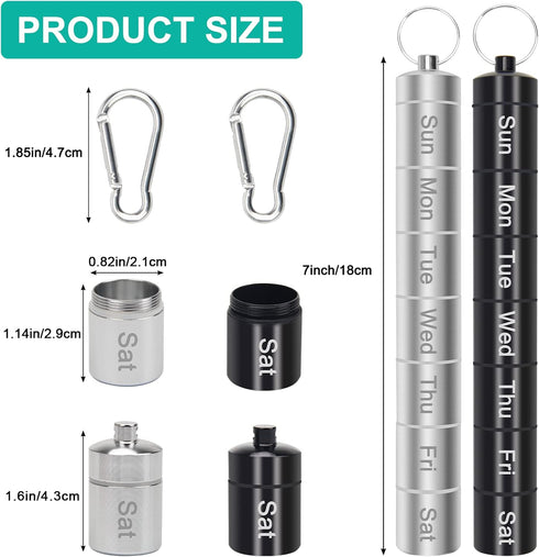 Small Portable Pill Case Keychain for Travel, AngleKai 2 Pack Pill Organizer Aluminium Alloy Small Pill Box Waterproof Pill Container Medicine Bottle Organizer Weekly (black and Silver)