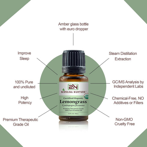 Lemongrass Essential Oil, USDA Certified Organic 100% Pure Therapeutic Grade for Aromatherapy and Skin Care