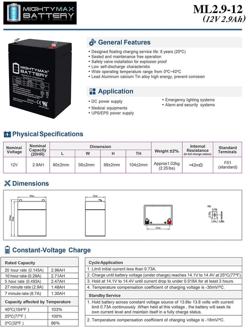 Mighty Max Battery 12V 2.9AH F1 SLA0077 SLA Replacement Battery Compatible with Power Patrol