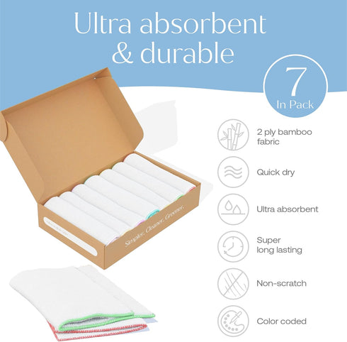Premium Bamboo Cleaning Dish Cloths - 7 Pack | Ultra-Absorbent Reusable Washing Cloth for Home & Car | Ideal for