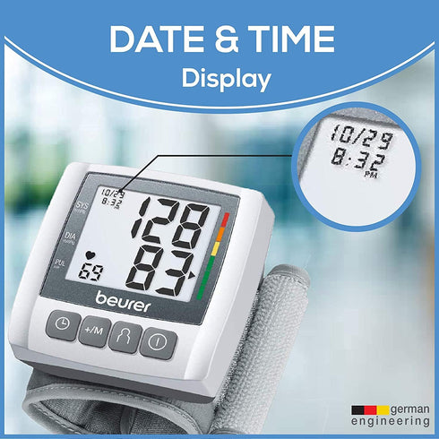 Beurer Wrist Blood Pressure Machine with Adjustable Cuff, Automatic & Digital Monitor, 2x60 Memory Reading, XL LCD