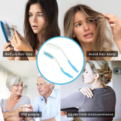 Long Reach Handled Comb and Hair Brush Set for Elderly, Hand-Disabled (Blue) - No Need to Lift Hand