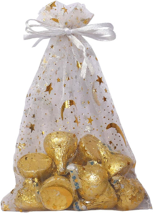 100Pcs Sheer Organza Drawstring Pouches 4x6 Inches, Stars and Moon Wedding Party Favor Gift Bags