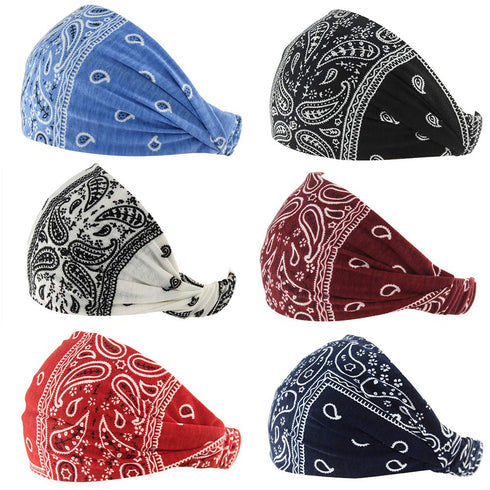 Paisley Bandana Headband for Women, Adjustable Turban Hairband, Pack of 6, Elastic Yoga Headband